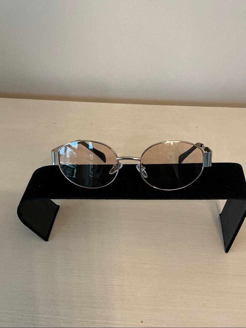 Silver, Oval Metal Sunglasses with Rose Tinted Lenses